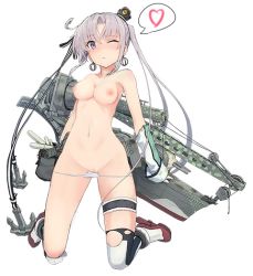 Rule 34 | 10s, 1girl, :&lt;, akitsushima (kancolle), anchor, breasts, bridal garter, crane (machine), damaged, earrings, grey eyes, h8k, hat, headgear, jewelry, kantai collection, kneeling, machinery, military, mini hat, nipples, nude, nude filter, one eye closed, pussy, seaplane, side ponytail, silver hair, solo, thigh strap, thighhighs, third-party edit, torn clothes, torn thighhighs, turret, uncensored