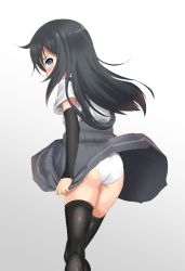 Rule 34 | 10s, 1girl, animal ears, arm warmers, asashio (kancolle), ass, black hair, black skirt, black thighhighs, blue eyes, blush, clothes pull, from behind, high-waist skirt, kantai collection, long hair, long sleeves, looking back, mushi gyouza, panties, pulled by self, revision, shirt, short sleeves, simple background, skirt, skirt pull, solo, suspender skirt, suspenders, thighhighs, thighs, underwear, white background, white panties, white shirt, wind, wind lift