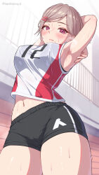 1girl absurdres armpits black_bra black_shorts blush bra breasts brown_hair cameltoe covered_erect_nipples hair_ornament highres huge_breasts jersey kanikatsuya large_breasts looking_at_viewer midriff mole mole_under_mouth navel pink_eyes see-through see-through_shirt shirt short_hair shorts solo sportswear stretching sweat underwear volleyball_uniform wet wet_clothes wet_shirt