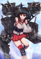 Rule 34 | 1girl, absurdres, black hair, caiman pool, cannon, cherry blossoms, commentary request, detached sleeves, flight deck, floral print, hair ornament, highres, kantai collection, knee pads, machinery, nontraditional miko, petals, pleated skirt, red eyes, red skirt, rigging, shirt, short hair, skirt, solo, turret, white shirt, white sleeves, wide sleeves, yamashiro (kancolle), yamashiro kai ni (kancolle)