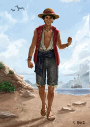 Rule 34 | 1boy, absurdres, artist name, beach, bird, black eyes, black hair, clenched hand, cloud, day, donsrice, full body, hat, highres, jewelry, looking at viewer, male focus, monkey d. luffy, necklace, one piece, open clothes, open shirt, outdoors, rock, sand, sandals, seagull, shadow, ship, shorts, smile, solo, straw hat, sun hat, watercraft, wristband