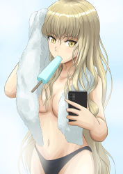 Rule 34 | 1girl, alternate hair length, alternate hairstyle, artoria pendragon (all), artoria pendragon (alter swimsuit rider) (fate), artoria pendragon (alter swimsuit rider) (second ascension) (fate), artoria pendragon (fate), cellphone, fate (series), food, food in mouth, hair down, highres, ksfactory, long hair, nude, phone, popsicle, popsicle in mouth, saber alter, selfie, solo, towel, towel around neck, underwear, underwear only, very long hair, yellow eyes