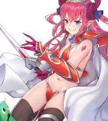 Rule 34 | 1girl, absurdres, armor, bare shoulders, bikini armor, black cola, black thighhighs, blue eyes, breasts, cape, cleavage, earrings, elizabeth bathory (fate), fate/grand order, fate (series), floating hair, gauntlets, grin, highres, holding, holding sword, holding weapon, horns, jewelry, leg up, long hair, looking at viewer, loose clothes, medium breasts, navel, pink hair, pointy ears, red armor, shoulder armor, sidelocks, simple background, smile, stomach, sword, teeth, thighhighs, thighs, two side up, v-shaped eyebrows, weapon, white background