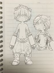 Rule 34 | 1boy, android, boots, cape, fake horns, full body, helmet, horned headwear, horns, lined paper, made in abyss, open mouth, pointy ears, regu (made in abyss), topless male, wool bl