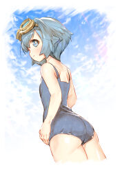 Rule 34 | 1girl, absurdres, bare arms, blue eyes, blue hair, border, bright pupils, closed mouth, commentary request, creatures (company), day, from below, game freak, goggles, goggles on head, highres, lana (pokemon), looking to the side, nintendo, no pants, no shirt, one-piece swimsuit, outdoors, pokemon, pokemon sm, short hair, shoulder blades, smile, solo, swimsuit, usapenpen2019, white border