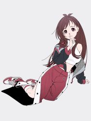 Rule 34 | 1girl, acubi tomaranai, alternate costume, antenna hair, arm support, brown eyes, brown hair, closed mouth, crop top, finger to mouth, full body, grey background, highres, idolmaster, idolmaster cinderella girls, jacket, kneehighs, long hair, looking at viewer, nike (company), open clothes, open jacket, pants, red footwear, red pants, shirt, shoes, shushing, simple background, single bare shoulder, sleeveless, sleeveless shirt, smile, sneakers, socks, solo, tsujino akari, white shirt