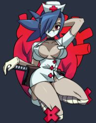 Rule 34 | + +, 1girl, arm up, blue background, blue hair, breasts, gloves, groin tendon, hat, heart (organ), kneeling, kyouhei hei, large breasts, latex, latex gloves, mouth mask, name tag, nurse cap, ponytail, red eyes, skullgirls, smile, solo, surgical mask, symbol-shaped pupils, valentine (skullgirls)