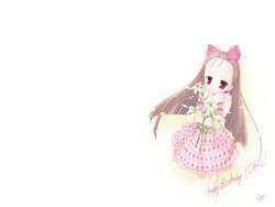 Rule 34 | 00s, 1girl, asura-system, barefoot, brown hair, character name, dress, expressionless, flower, from above, hair ribbon, happy birthday, highres, idolmaster, idolmaster (classic), idolmaster 1, lily (flower), long hair, looking at viewer, minase iori, petals, red eyes, ribbon, signature, simple background, sleeveless, sleeveless dress, solo, wallpaper, white background