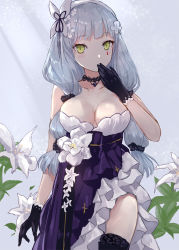Rule 34 | 1girl, asle, bare shoulders, black gloves, black scrunchie, black thighhighs, blush, breasts, cleavage, collarbone, commentary, covered mouth, dress, facial mark, flower, girls&#039; frontline, gloves, green eyes, hair ornament, hair scrunchie, hairband, hand up, hk416 (girls&#039; frontline), hk416 (starry cocoon) (girls&#039; frontline), large breasts, long hair, looking at viewer, official alternate costume, purple dress, scrunchie, silver hair, solo, strapless, strapless dress, thighhighs, very long hair, white flower, white hairband