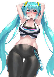 Rule 34 | 1girl, aqua eyes, aqua hair, armpits, arms behind head, arms up, bike shorts, black shorts, blush, breasts, cleavage, cowboy shot, empty eyes, fitness boxing, gluteal fold, hatsune miku, headset, heavy breathing, highres, kutan, large breasts, long hair, looking at viewer, navel, open mouth, shorts, solo, sportswear, thighs, twintails, very long hair