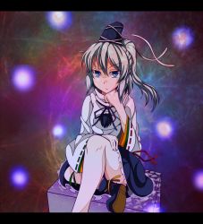 Rule 34 | 1girl, blue eyes, crossed legs, elbow rest, hat, japanese clothes, letterboxed, mononobe no futo, ponytail, sitting, solo, tate eboshi, touhou, white hair, wide sleeves, youka (gensou kyoudan)