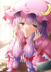 Rule 34 | 1girl, blue bow, blurry, blush, book, bow, bowtie, breasts, buttons, capelet, chair, closed mouth, collared dress, commentary request, crescent, crescent hat ornament, double bun, dress, fingernails, frills, hair between eyes, hair bow, hair bun, hands on own face, hands up, hat, hat ornament, hat ribbon, indoors, long fingernails, long hair, long sleeves, looking at viewer, medium breasts, open clothes, open dress, patchouli knowledge, pink capelet, pink dress, pink hat, pink ribbon, purple dress, purple eyes, purple hair, ram hachimin, red bow, red bowtie, red ribbon, ribbon, sitting, smile, solo, striped clothes, striped dress, table, touhou, wall, white dress, wide sleeves, window