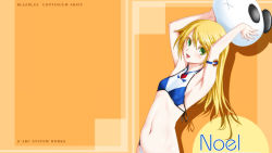 Rule 34 | 1girl, adapted costume, arc system works, armpits, bikini, blazblue, blonde hair, blue bikini, character name, colored eyelashes, copyright name, flat chest, from side, green eyes, hair between eyes, halterneck, mori toshimichi, multicolored bikini, multicolored clothes, noel vermillion, official art, orange background, parted bangs, solo, standing, swimsuit, tankini, white bikini