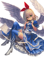 Rule 34 | 1girl, blonde hair, blouse, blue-framed eyewear, blue dress, blue ribbon, blue shirt, blue skirt, blue thighhighs, boots, bow, dress, feathered wings, frilled skirt, frills, full body, geeto gaadian, glasses, green eyes, hair bow, hairband, highres, holding, holding pen, knees up, long hair, looking at viewer, multiple wings, neck ribbon, paper, pen, personification, petticoat, pixiv, pixiv-tan, puffy short sleeves, puffy sleeves, red bow, ribbon, shirt, short sleeves, simple background, skirt, skirt set, solo, thighhighs, white background, white bow, white ribbon, white wings, wing collar, wings