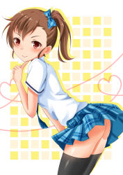 Rule 34 | 1girl, absurdres, black thighhighs, blush, bow, brown hair, finger to own chin, fuku d, futami mami, hair bow, heart, heart of string, highres, idolmaster, idolmaster (classic), leaning forward, no panties, plaid, plaid skirt, red eyes, rough time school, school uniform, short hair, side ponytail, skirt, smile, solo, thighhighs
