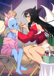 Rule 34 | 2girls, ahri (league of legends), animal ears, applying makeup, barefoot, black hair, blonde hair, blue eyes, blue skin, blush, chair, colored skin, feet, fox ears, fox tail, hand on another&#039;s face, league of legends, long hair, looking away, makeup, multiple girls, multiple tails, on chair, poppy (league of legends), sitting, tail, twintails, yordle