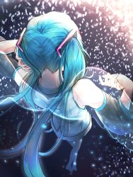 Rule 34 | 1girl, absurdres, aqua hair, bare shoulders, black sleeves, commentary, detached sleeves, foreshortening, from above, from behind, grey shirt, hair ornament, hands up, hatsune miku, highres, light particles, long hair, shi (4141sixi), shirt, skirt, sleeveless, sleeveless shirt, solo, transparent wings, twintails, very long hair, vocaloid, wings