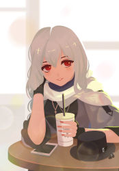 Rule 34 | 1girl, arknights, black dress, black gloves, black hat, cellphone, chinese commentary, commentary, cross, cross necklace, cup, disposable cup, dress, drinking straw, female focus, fingerless gloves, gloves, hat, head rest, highres, holding, holding cup, jewelry, lieyan huangzi, long hair, long sleeves, looking away, nail polish, necklace, official alternate costume, parted lips, phone, red eyes, red nails, scarf, silver hair, smartphone, smile, solo, specter (arknights), specter (undercurrent) (arknights), table, unworn headwear, upper body, white background, white scarf