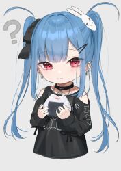Rule 34 | 1girl, :t, ?, black bow, black collar, black shirt, blue hair, blue nails, bow, closed mouth, clothing cutout, collar, collarbone, commentary request, cropped torso, ear piercing, eating, food, food on face, grey background, hair bow, hair ornament, hairclip, heart, highres, holding, holding food, long hair, long sleeves, looking at viewer, nail polish, onigiri, original, piercing, puffy long sleeves, puffy sleeves, rabbit hair ornament, rice, rice on face, shirt, shoulder cutout, simple background, sleeves past wrists, solo, tsukiman, twintails, upper body, very long hair, wavy mouth