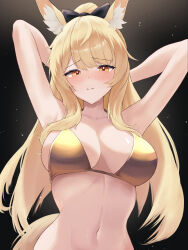 Rule 34 | 1girl, absurdres, animal ear fluff, animal ears, arknights, armpits, arms behind head, arms up, bikini, black bow, blemishine (arknights), blonde hair, bow, breasts, breasts apart, closed mouth, collarbone, commentary request, dark background, dr.lamina, hair bow, half-closed eyes, highres, large breasts, light particles, linea alba, long hair, looking at viewer, navel, presenting armpit, sidelocks, solo, swimsuit, tail, upper body, yellow bikini, yellow eyes, yellow tail