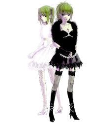 Rule 34 | 00s, 2girls, alternate hairstyle, amane misa, back-to-back, bad id, bad pixiv id, black gloves, black legwear, black nails, black vs white, blonde hair, boots, camisole, cross, death note, dress, dual persona, earrings, elbow gloves, fingerless gloves, fishnet legwear, fishnets, flat chest, frills, from behind, full body, fur trim, garter straps, gloves, goth fashion, gothic lolita, high heel boots, high heels, jewelry, kazuga (dorp), knee boots, lace, lace-trimmed legwear, lace trim, lolita fashion, looking at viewer, looking back, mall goth, multiple girls, nail polish, necklace, pleated skirt, ponytail, rosary, see-through, shoes, short dress, sidelocks, simple background, skirt, smile, standing, thighhighs, twintails, two side up, white gloves, white legwear, zettai ryouiki