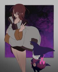 Rule 34 | 1girl, artist name, black shorts, breasts, brown footwear, camisole, card, character name, collarbone, cowboy shot, dark background, digimon, digimon card game, digimon liberator, fang, fire, gloves, glowing, glowing eyes, green eyes, highres, holding, holding card, impmon, jacket, long sleeves, medium breasts, medium hair, partially shaded face, pink hair, purple background, purple camisole, purple eyes, red gloves, shinbiko, shorts, smirk, spaghetti strap, white jacket, wide sleeves, yuuki (digimon)