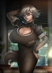 Rule 34 | 00s, 1girl, absurdres, bangle, basquash!, bracelet, breasts, cleavage, cleavage cutout, clothing cutout, dress, earrings, gigantic breasts, glasses, haruka gracia, highres, huge breasts, jewelry, long hair, magion02, ponytail, silver hair, solo, sunglasses, very long hair