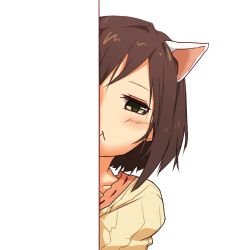 Rule 34 | 1girl, :&lt;, animal ears, brown hair, cat ears, cat girl, closed eyes, closed mouth, collarbone, commentary, eyebrows, forehead, green eyes, hiding, idolmaster, idolmaster cinderella girls, ito (itokayu), light blush, looking back, maekawa miku, parted bangs, simple background, solo, sweater, upper body, white background