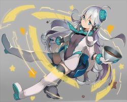 Rule 34 | 1girl, ahoge, aqua eyes, aqua necktie, blue hair, blush, boots, bowl, bracelet, chocolate, closed mouth, dress, full body, gloves, grey background, grey gloves, hair between eyes, hat, holding, holding bowl, jewelry, katsudansou, long hair, looking at viewer, million arthur (series), mini hat, mixing bowl, necktie, short dress, simple background, sleeves past elbows, solo, thigh boots, thighhighs, whisk, white dress, white footwear, white thighhighs