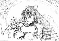 Rule 34 | 1girl, ainu clothes, black hair, breasts, concept art, fighting stance, fingerless gloves, gloves, hair ribbon, long hair, looking at viewer, medium breasts, monochrome, nakoruru, official art, realistic, ribbon, samurai spirits, serious, snk, solo, the king of fighters, weapon
