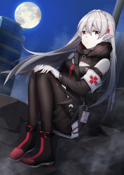 Rule 34 | 1girl, arknights, armband, bare shoulders, black footwear, black jacket, black pantyhose, black sleeves, boots, braid, building, closed mouth, commentary request, crown braid, detached sleeves, fingernails, floating hair, full body, full moon, grey hair, hair between eyes, hair ornament, hands on own knees, highres, jacket, knees up, lenxiao, long hair, long sleeves, moon, nail polish, night, night sky, outdoors, pale skin, pantyhose, pink nails, pleated skirt, pointy ears, red eyes, sitting, skirt, sky, solo, star (sky), starry sky, very long hair, warfarin (arknights), white skirt