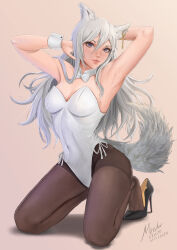 Rule 34 | 1girl, absurdres, animal ears, armpits, artist name, black footwear, black pantyhose, bow, bowtie, closed mouth, commentary, commission, covered navel, dated, detached collar, ear ornament, english commentary, fox ears, fox girl, fox tail, full body, grey hair, hair between eyes, heel pop, high heels, highleg, highleg leotard, highres, kneeling, leotard, long hair, looking at viewer, meister staze, original, pantyhose, patent heels, pink background, playboy bunny, pumps, purple eyes, red soles, shadow, shoes, side-tie leotard, simple background, solo, spread legs, stiletto heels, strapless, strapless leotard, tail, white bow, white bowtie, white hair, white leotard, wrist cuffs