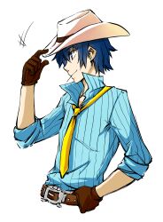Rule 34 | 1girl, androgynous, belt buckle, blue hair, blue shirt, brown gloves, buckle, collarbone, cowboy hat, cropped torso, dlanon, facing to the side, gloves, hand on belt, hand on headwear, hat, necktie, persona, persona 4, popped collar, reverse trap, shirogane naoto, shirt, short hair, signature, sleeves rolled up, toothpick, white background, yellow necktie