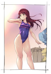 Rule 34 | 10s, 3girls, alp, armpits, blue one-piece swimsuit, competition swimsuit, covered navel, highleg, highleg swimsuit, long hair, looking to the side, love live!, love live! sunshine!!, multiple girls, one-piece swimsuit, purple one-piece swimsuit, red hair, sakurauchi riko, smile, solo focus, standing, swimsuit, takami chika, undressing, watanabe you, yellow eyes