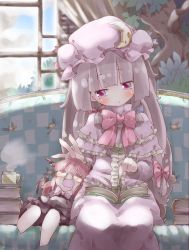 Rule 34 | 2girls, bespectacled, blunt bangs, blush, book, book on lap, bow, bowtie, capelet, character doll, chibi, couch, crescent, drooling, female focus, glasses, hat, head wings, highres, koakuma, long hair, mini person, minigirl, multiple girls, open book, open mouth, patchouli knowledge, purple eyes, red eyes, shunsuke, sitting, sleeping, touhou, white background, wings