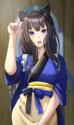 Rule 34 | :o, absurdres, animal ears, arm up, black hair, blue kimono, blue nails, breasts, cat ears, fake animal ears, hair between eyes, highres, holding ear, inoue takina, japanese clothes, kimono, light particles, long hair, looking at viewer, lycoris recoil, medium breasts, nail polish, open mouth, purple eyes, sleeves rolled up, yami anko