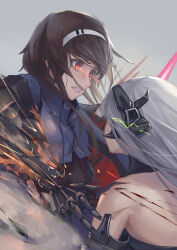 Rule 34 | 2girls, absurdres, android, bare shoulders, blood, brown hair, commentary request, fighting, gager (girls&#039; frontline), girls&#039; frontline, grey background, hair ornament, hairband, highres, mechanical arms, multiple girls, red eyes, short hair with long locks, single mechanical arm, tagme, type 79 (girls&#039; frontline), white hair, xyufsky
