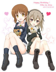 Rule 34 | 2girls, :d, black bow, black hairband, black jacket, black legwear, blush, boko (girls und panzer), boots, bow, breasts, brown eyes, brown footwear, brown hair, character name, collarbone, commentary request, cross-laced footwear, dated, flipper, girls und panzer, grey skirt, grey vest, hair between eyes, hair bow, hairband, happy birthday, heart, highres, jacket, knees up, lace-up boots, long hair, long sleeves, medium breasts, military, military uniform, multiple girls, nishizumi miho, hugging object, one side up, ooarai military uniform, open mouth, pleated skirt, selection university military uniform, shimada arisu, sitting, skirt, smile, socks, star (symbol), starry background, stuffed animal, stuffed toy, teddy bear, uniform, vest, white skirt