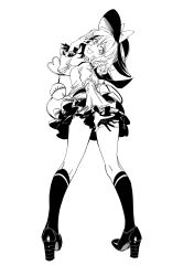 Rule 34 | 1girl, :d, absurdres, bow, from behind, greyscale, hand up, hat, hat bow, high heels, highres, kneehighs, komeiji koishi, long sleeves, looking at viewer, looking back, monochrome, open mouth, ruukii drift, shirt, simple background, skirt, smile, socks, solo, third eye, touhou, white background, wide sleeves