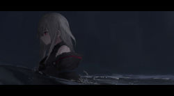 Rule 34 | 1girl, arknights, bare shoulders, black shirt, blurry, blurry foreground, closed mouth, from side, grey hair, hair between eyes, highres, katann, letterboxed, long hair, long sleeves, partially submerged, red eyes, shirt, sidelocks, skadi (arknights), solo, upper body, water