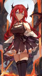 Rule 34 | 1girl, arknights, bare shoulders, black dress, black thighhighs, breasts, commentary, cowboy shot, dress, hair between eyes, highres, horns, lch, long hair, looking at viewer, medium breasts, off shoulder, purple eyes, red hair, short dress, solo, standing, surtr (arknights), sword, thighhighs, very long hair, weapon