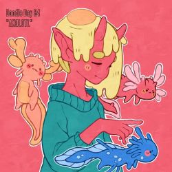 Rule 34 | 1girl, aqua sweater, axolotl, blonde hair, blush, closed eyes, colored skin, egg, english text, floating, hanaan, hand up, horns, no nose, original, outline, pointy ears, red skin, salamander, short hair, solo, sweater, white outline