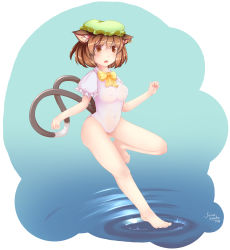 Rule 34 | 1girl, animal ears, barefoot, breasts, brown eyes, brown hair, cat ears, chen, covered navel, earrings, full body, furim, hat, highres, jewelry, leotard, multiple tails, nipples, open mouth, puffy short sleeves, puffy sleeves, pussy, see-through, short hair, short sleeves, solo, tail, touhou, two tails, water