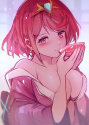 Rule 34 | 1girl, alcohol, bare shoulders, breasts, cleavage, cup, earrings, highres, japanese clothes, jewelry, kimono, large breasts, nail polish, open clothes, open kimono, pyra (xenoblade), red eyes, red hair, sakazuki, sake, short hair, solo, tarbo (exxxpiation), xenoblade chronicles (series), xenoblade chronicles 2