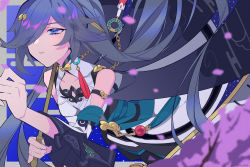 Rule 34 | 1girl, bare shoulders, black hair, blue background, blue eyes, cherry blossoms, china dress, chinese clothes, dress, fu hua, fu hua (azure empyrea), hair ornament, hair over one eye, highres, holding, honkai (series), honkai impact 3rd, huge filesize, kania, long hair, looking up, oil-paper umbrella, open mouth, petals, ponytail, solo, teeth, branch, umbrella