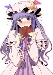Rule 34 | 1girl, blush, book, breasts, dress, face, female focus, gradient outline, hat, long hair, looking at viewer, md5 mismatch, patchouli knowledge, purple eyes, purple hair, ribbon, sawade, shy, simple background, small breasts, solo, touhou