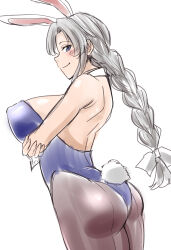 Rule 34 | 1girl, animal ears, arms under breasts, ass, blue eyes, braid, breasts, closed mouth, covered erect nipples, cowboy shot, from side, grey hair, large breasts, leotard, long hair, looking at viewer, playboy bunny, rabbit ears, rabbit tail, shiraue yuu, simple background, single braid, smile, solo, standing, tail, touhou, white background, yagokoro eirin