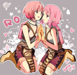 Rule 34 | 2girls, :3, armor, backpack, bag, boots, breastplate, brown footwear, brown gloves, brown shorts, commentary request, full body, gloves, grey background, iko 831, looking at another, multiple girls, novice (ragnarok online), open mouth, palms together, pink bag, pink eyes, pink hair, poring, ragnarok online, seiza, short hair, shorts, sitting, sleeveless, smile
