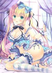 Rule 34 | 1girl, :d, arm support, babydoll, bare arms, bare shoulders, barefoot, black ribbon, blonde hair, blue bow, blurry, blush, bow, breasts, bridal garter, choker, cleavage, curtains, frilled choker, frills, green eyes, hair bow, hair bun, hair ribbon, highres, holding, lingerie, long hair, looking at viewer, medium breasts, navel, neck ribbon, no shoes, open mouth, original, panties, pillow, polka dot, ribbon, side-tie panties, sidelocks, single hair bun, single thighhigh, sitting, smile, solo, stomach, strap slip, striped clothes, striped panties, striped thighhighs, takano yuki (allegro mistic), thighhighs, twintails, underwear, very long hair, wrist cuffs