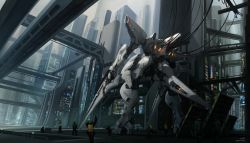 Rule 34 | absurdres, building, cable, city, cityscape, highres, holding, holding weapon, karamas, mecha, original, outdoors, realistic, robot, science fiction, skyscraper, soldier, weapon